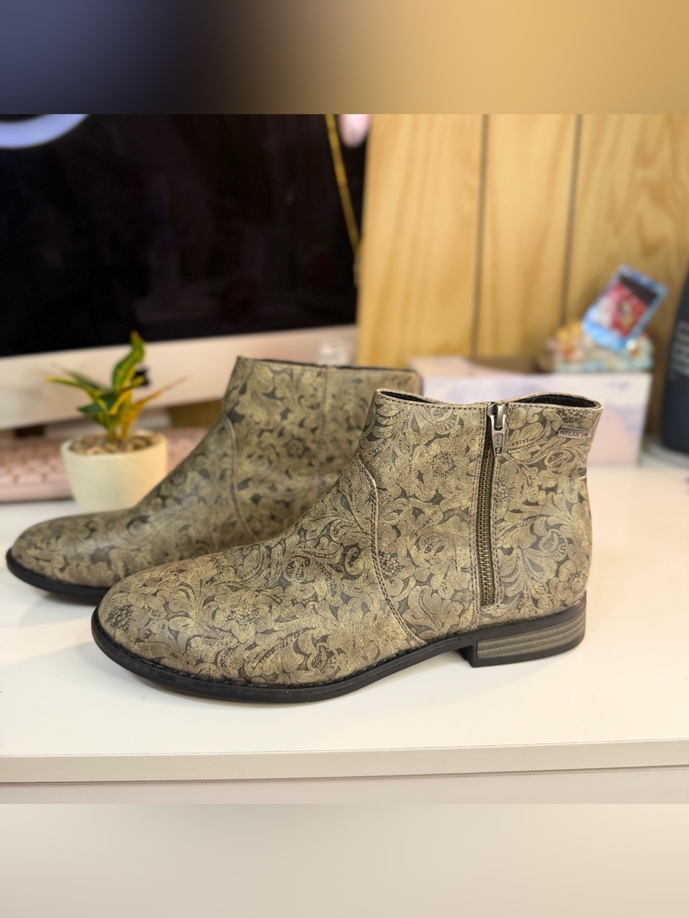 Roxy Metallic Olive Floral Ankle Booties